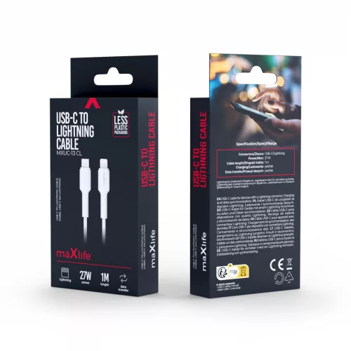 Type-C - iPhone 8pin gyorstöltő adatkábel, 27W, 1M, fehér, Maxlife MXUC-13 CL