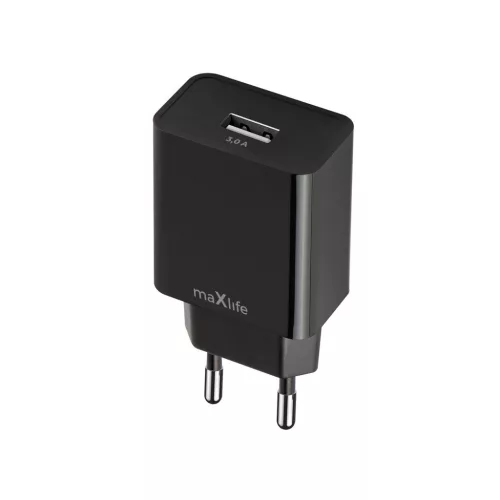 Hálózati töltőfej, 1x USB, 3A / 15W, fekete, Maxlife MXTC-11