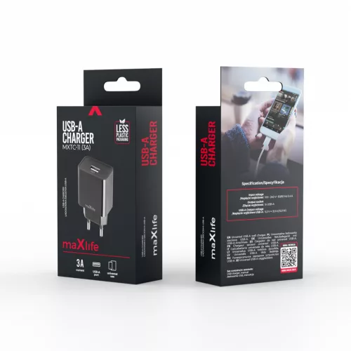 Hálózati töltőfej, 1x USB, 3A / 15W, fekete, Maxlife MXTC-11
