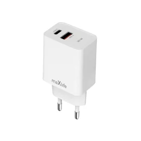   Hálózati gyors töltőfej, 1xType-C / 1xUSB, PD + QC 20W, fehér, Maxlife MXTC-13-20AC