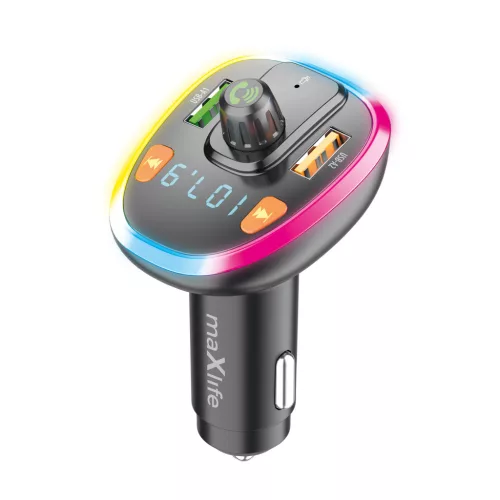 Bluetooth FM transmitter, 2xUSB, RGB led fény, 15W / 3.1A, BT5.0, fekete, Maxlife MXFT-04