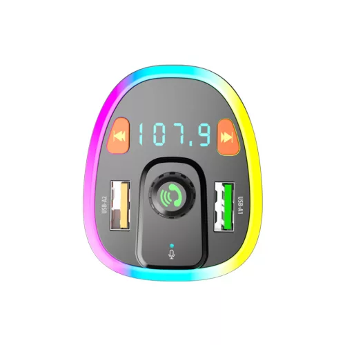 Bluetooth FM transmitter, 2xUSB, RGB led fény, 15W / 3.1A, BT5.0, fekete, Maxlife MXFT-04