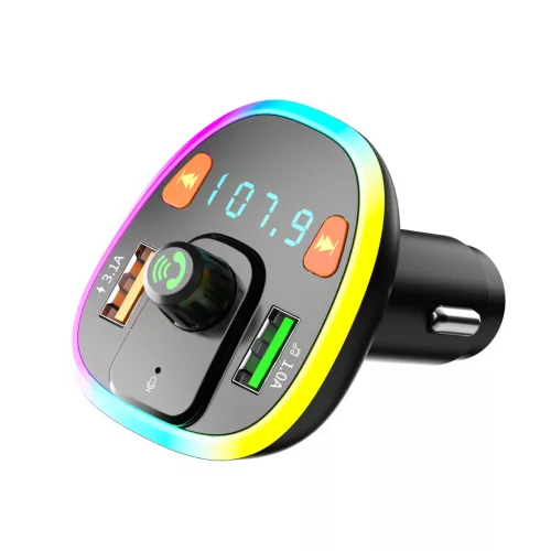 Bluetooth FM transmitter, 2xUSB, RGB led fény, 15W / 3.1A, BT5.0, fekete, Maxlife MXFT-04