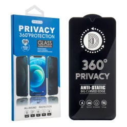  iPhone 13 / 13 Pro / 14 / 16e (6,1") előlapi üvegfólia, 9H, 0.3mm, fekete keret, betekintés védelem, Full Glue, Privacy 360°
