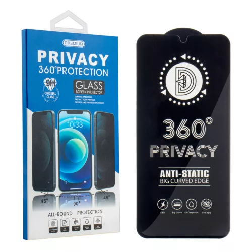 iPhone 13 / 13 Pro / 14 / 16e (6,1") előlapi üvegfólia, 9H, 0.3mm, fekete keret, betekintés védelem, Full Glue, Privacy 360°