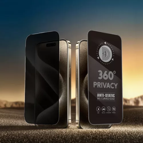 iPhone 13 / 13 Pro / 14 / 16e (6,1") előlapi üvegfólia, 9H, 0.3mm, fekete keret, betekintés védelem, Full Glue, Privacy 360°