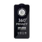 iPhone 13 / 13 Pro / 14 / 16e (6,1") előlapi üvegfólia, 9H, 0.3mm, fekete keret, betekintés védelem, Full Glue, Privacy 360°
