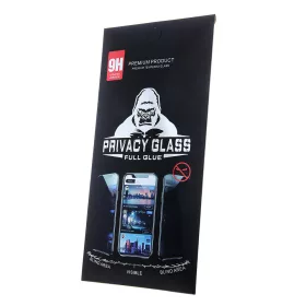   iPhone 17 Pro / 18 Pro (6,3") előlapi üvegfólia, 9H, edzett, fekete keret, betekintés védelem, Full Glue, Privacy