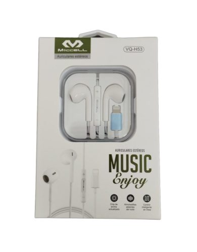 Stereo headset iPhone 8pin csatlakozóval, hangerőszabályzós, fehér, Miccell VQ-H53