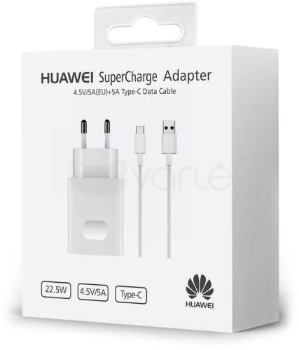 Huawei AP81 HW-050450E00 fehér hálózati supercharge töltőfej + Type-C adatkábel 5A 4,5V 1m csomagolt