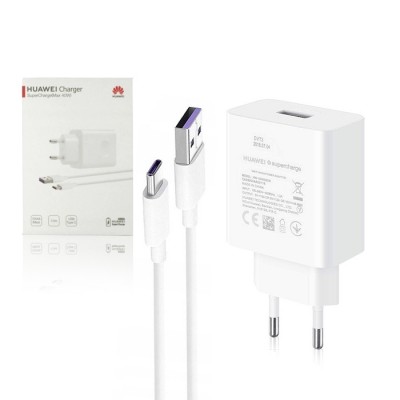 Huawei HW-100400E00 fehér hálózati supercharge töltőfej + Type-C adatkábel 4A 10V 1m csomagolt