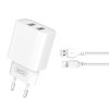 Hálózati töltőfej 2x USB + USB - iPhone 8pin adatkábel, 10W / 2.1A, fehér, XO CE2C