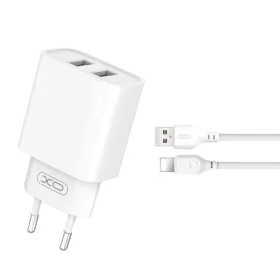   Hálózati töltőfej 2x USB + iPhone 8pin adatkábel, 2.4A / 10W, fehér, XO-CE02C