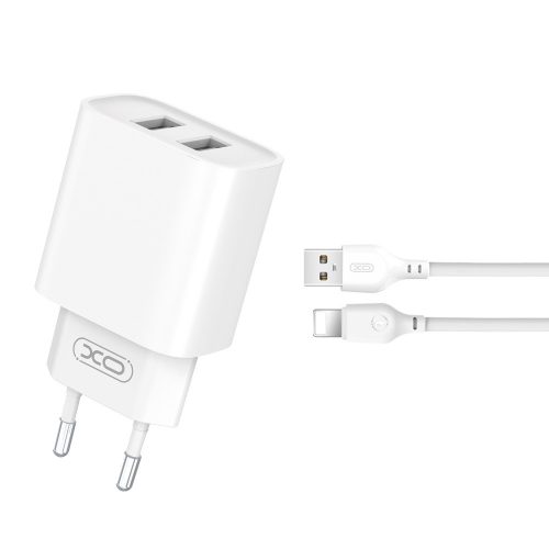 Hálózati töltőfej 2x USB + USB - iPhone 8pin adatkábel, 10W / 2.1A, fehér, XO CE2C