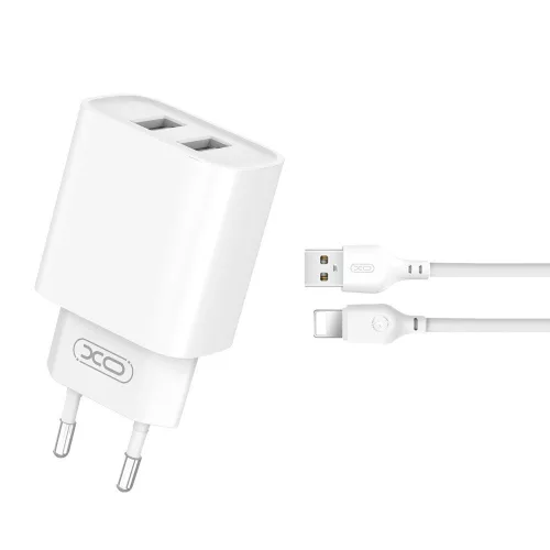 Hálózati töltőfej 2x USB + iPhone 8pin adatkábel, 2.4A / 10W, fehér, XO-CE02C