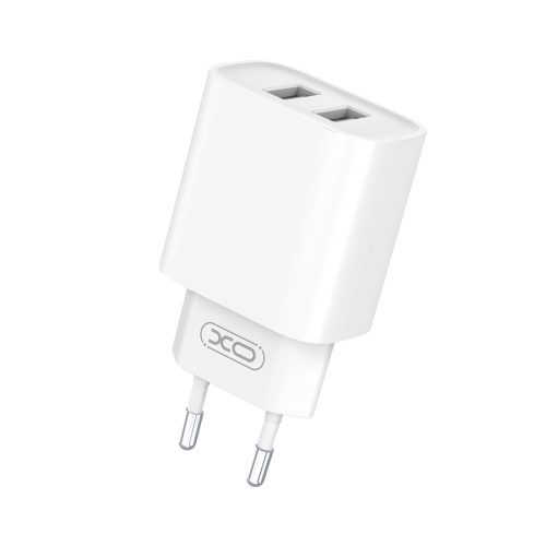 Hálózati töltőfej 2x USB + USB - iPhone 8pin adatkábel, 10W / 2.1A, fehér, XO CE2C