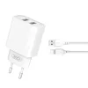 Hálózati töltőfej 2x USB + Type-C adatkábel, 2.1A / 10W, fehér, XO-CE02C