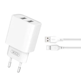   Hálózati töltőfej 2x USB + Type-C adatkábel, 2.1A / 10W, fehér, XO-CE02C