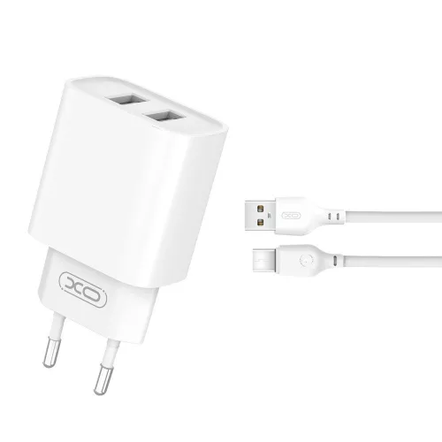 Hálózati töltőfej 2x USB + Type-C adatkábel, 2.1A / 10W, fehér, XO-CE02C