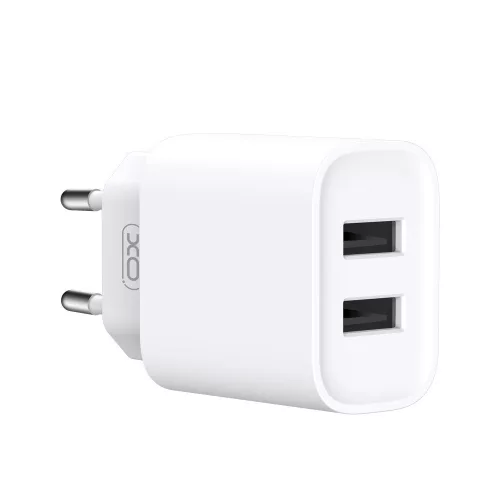Hálózati töltőfej 2x USB + Type-C adatkábel, 2.1A / 10W, fehér, XO-CE02C