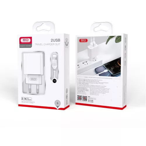 Hálózati töltőfej 2x USB + Type-C adatkábel, 2.1A / 10W, fehér, XO-CE02C