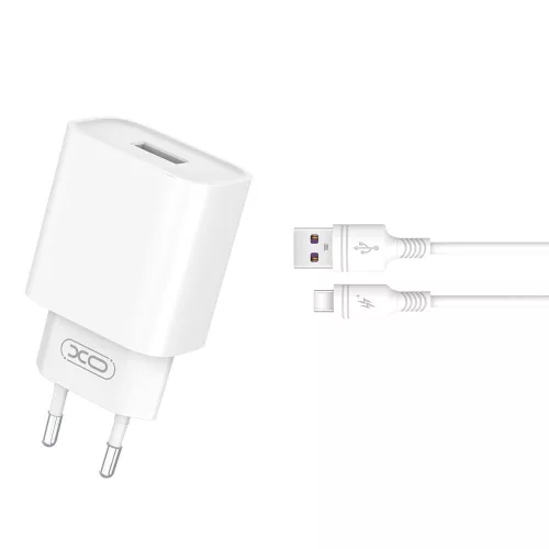 Hálózati gyors töltőfej, 1x USB, 3A / 18W, + Type-C adatkábel, fehér, XO-CE02D(EU)
