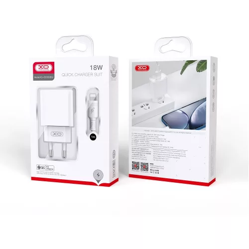 Hálózati gyors töltőfej, 1x USB, 3A / 18W, + Type-C adatkábel, fehér, XO-CE02D(EU)