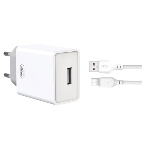 Hálózati töltőfej 1xUSB + Type-C adatkábel, 2.4A, fehér, XO-L93