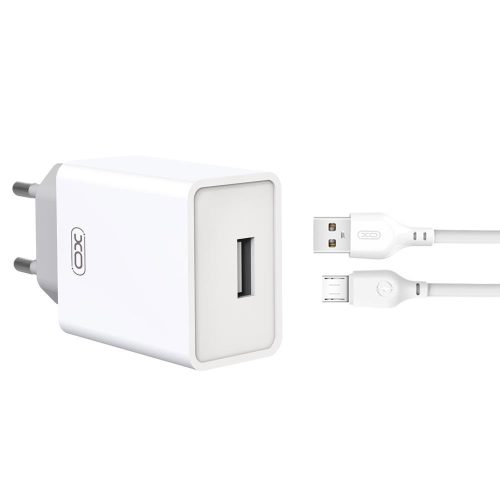 Hálózati töltőfej + micro USB adatkábel, fehér, 2.4A, XO-L93