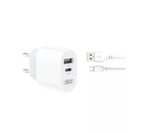 Hálózati töltőfej 1x USB / 1x Type-C + micro USB adatkábel, fehér, 1M, 2.4A, XO-L97