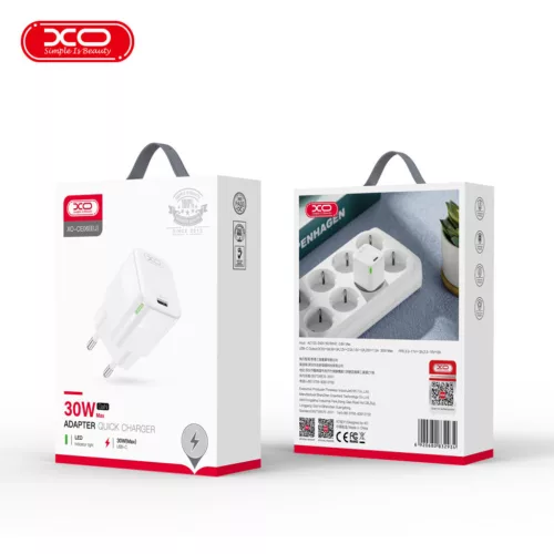 Univerzális hálózati gyors töltőfej, 1xType-C, PD 30W / 3A, fehér, XO CE06