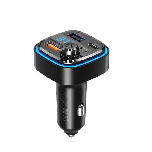 Bluetooth FM transmitter, 2xUSB, 1xType-C, LED kijelző, fekete, XO-BCC08