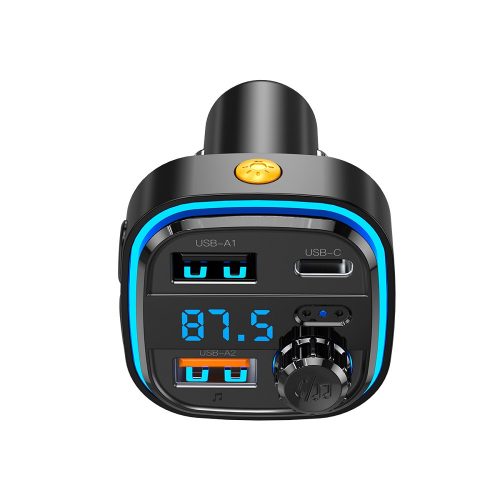 Bluetooth FM transmitter, 2xUSB, 1xType-C, LED kijelző, fekete, XO-BCC08
