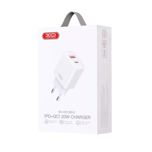Hálózati gyors töltőfej, 1x USB / 1x Type-C, 3A / 20W, fehér, XO-CE12(EU)