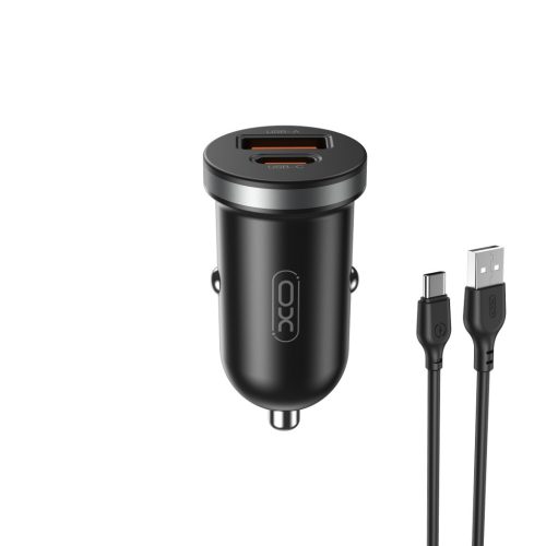 Szivartöltő fej 1xType-C / 1x USB csatlakozó, Type-C kábel, PD / QC3.0 / 3A / 35W, 1M, fekete, XO CC56