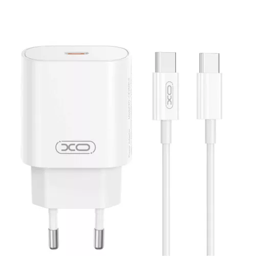 Hálózati töltőfej Type-C + Type-C - Type-C adatkábel, 3A / 25W, fehér, XO-CE25