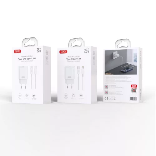 Hálózati töltőfej Type-C + Type-C - Type-C adatkábel, 3A / 25W, fehér, XO-CE25