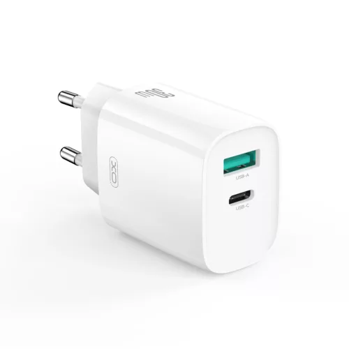 Hálózati gyors töltőfej, 1xType-C / 1xUSB, 30W, fehér, XO-CE30