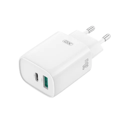 Hálózati gyors töltőfej, 1xType-C / 1xUSB, 30W, fehér, XO-CE30
