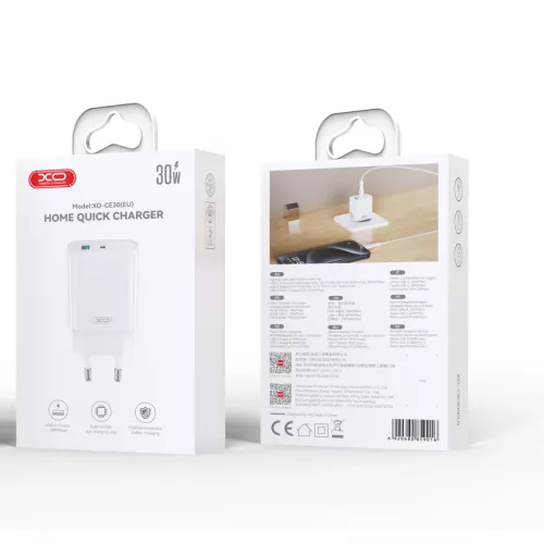 Hálózati gyors töltőfej, 1xType-C / 1xUSB, 30W, fehér, XO-CE30