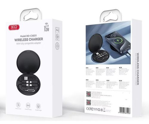 Vezeték nélküli induktív töltő, Type-C - Type-C kábellel és adapter készlettel, 15W, fekete, XO-CX031