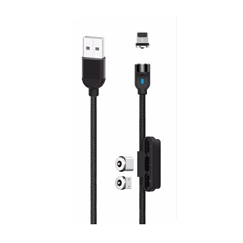 XO NB128 3in1 iPhone 8pin Type-C Micro USB mágneses fekete adatkábel 1m 2.4A