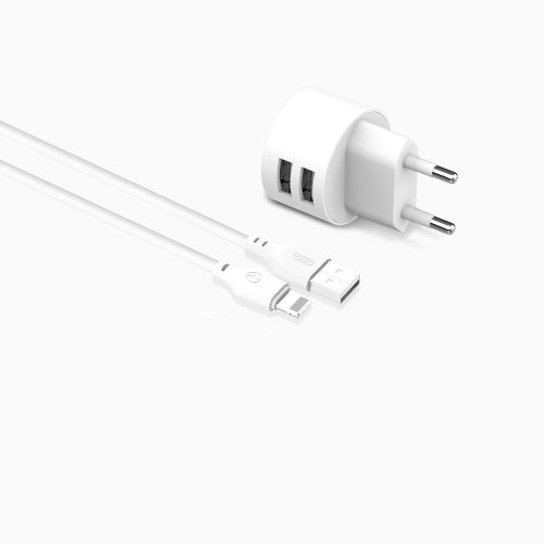 XO L62 fehér 2 USB töltőfej + iPhone 8pin adatkábel 2,4A