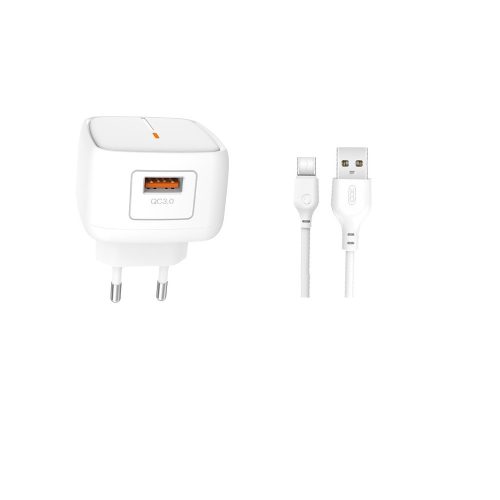 Hálózati töltőfej USB-A + Type-C adatkábel, QC 3.0, fehér, 18W, 3A, XO L59