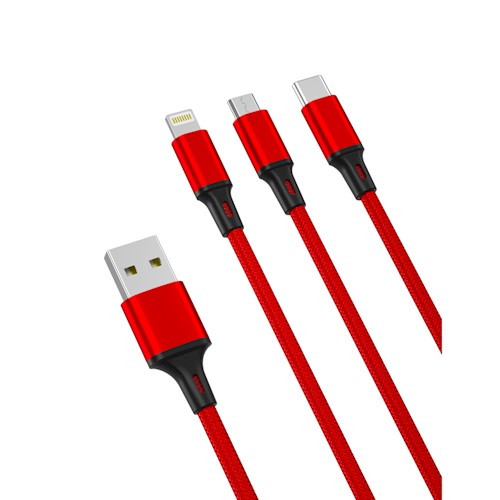 XO NB173 3in1 iPhone 8pin-Type-C Micro USB piros adatkábel 1.2m 2.4A