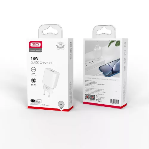 Hálózati gyors töltőfej, 1x USB, 3A / 18W, fehér, XO-CE02D(EU)
