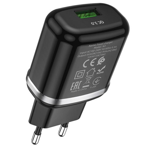 Hálózati töltőfej, 1x USB, 3A / 18W, QC 3.0, fekete, Hoco N3