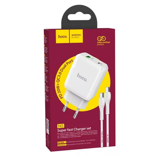 Hálózati töltőfej 1xUSB / 1xType-C + Type-C - Type-C adatkábel, PD / QC, 3A / 20W, fehér, Hoco N5