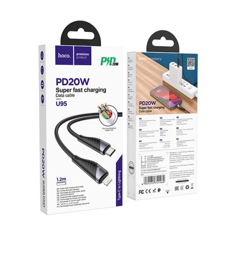 Type-C - iPhone 8pin gyorstöltő adatkábel, 1.2m, PD 20W, fekete, szövettel bevont, Hoco U95 