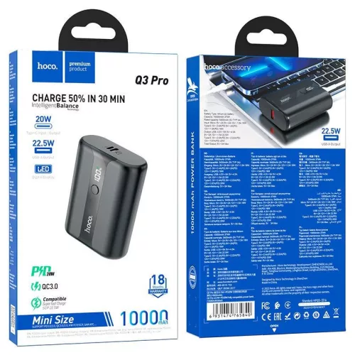 Power Bank, 1xUSB / 1xType-C / 1x micro USB, 10000 mAh / 22.5W / 5V 3A, LED kijelző, fekete, Hoco Q3 Pro